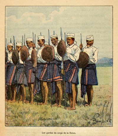 Wojna na Madagaskarze – anegdotyczna historia francuskich ekspedycji z lat 1885-1895 Henri Galli dit Galllichet (1854-1922), ilustracja Louis Bombled (1862-1927): Strażnicy królowej Ranavalony, kolekcja prywatna autorstwa Louis Charles Bombled