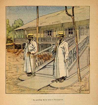 Wojna na Madagaskarze – anegdotyczna historia francuskich ekspedycji z lat 1885-1895 Henri Galli dit Galllichet (1854-1922), ilustracja Louis Bombled (1862-1927): Pawilon królowej Ranavalony w Tananarive w 1895 roku, kolekcja prywatna autorstwa Louis Charles Bombled