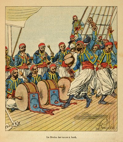 Wojna na Madagaskarze – anegdotyczna historia francuskich ekspedycji z lat 1885-1895 Henri Galli dit Galllichet (1854-1922), ilustracja Louis Bombled (1862-1927): Dziewięciu Turków na pokładzie statku płynącego na Madagaskar, kolekcja prywatna autorstwa Louis Charles Bombled