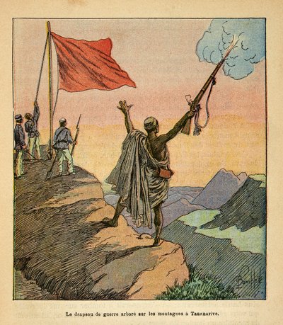 Wojna na Madagaskarze – anegdotyczna historia francuskich ekspedycji z lat 1885-1895 Henri Galli dit Galllichet (1854-1922), zilustrowana przez Louisa Bombleda (1862-1927): Malgaska Czerwona Flaga Wojenna w górach Tananarive, kolekcja prywatna autorstwa Louis Charles Bombled