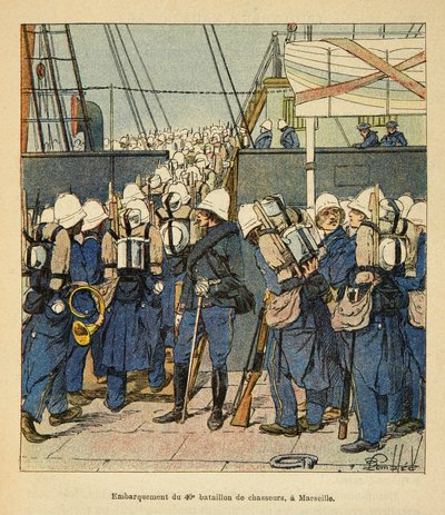 Wojna na Madagaskarze-Anegdotyczna historia francuskich wypraw z lat 1885-1895 Henri Galli dit Galllichet (1854-1922), zilustrowana przez Louisa Bombleda (1862-1927): Zaokrętowanie 40 batalionu myśliwskiego w Marsylii na Madagaskar w 1895 roku, szeregowy k autorstwa Louis Charles Bombled