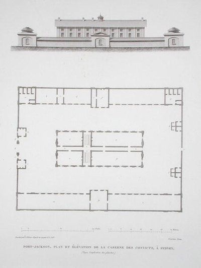 Plan i elewacja budynku skazanych w Port Jackson, niedaleko Sydney, z „Voyage Autour du Monde (1817-20)”, opublikowanej 1822-24 (rycina) autorstwa Louis Claude Desaulses de Freycinet