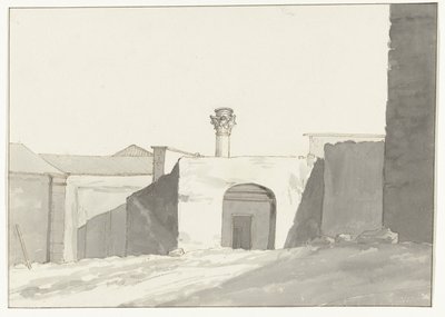 Antieke zuil en gebouwen in haven van Brindisi Odległy widok na antyczną kolumnę [w porcie Brindisi] Podróże po Włoszech, Sycylii i Malcie - 1778 (tytuł serii) autorstwa Louis Ducros