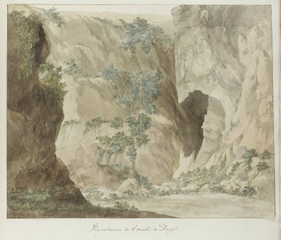 Buitenwand van de grot Ucho Dionizego Widok zewnętrzny ucha Dionizego (tytuł na obiekcie) Podróże po Włoszech, Sycylii i Malcie - 1778 (tytuł serii) autorstwa Louis Ducros