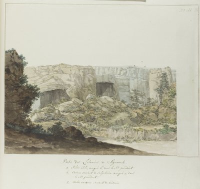 Jaskinia Gedeelte van Latomies w Syrakuzach Część Latomie z Syrakuz (tytuł na obiekcie) Podróże po Włoszech, Sycylii i Malcie - 1778 (tytuł serii) autorstwa Louis Ducros