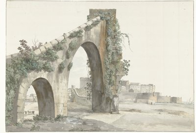 Gezicht op aquaduct en de stad Taranto Widok na akwedukt i miasto Taranto (tytuł na obiekcie) Podróże po Włoszech, Sycylii i Malcie - 1778 (tytuł serii) autorstwa Louis Ducros