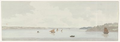 Gezicht op een deel van het Mare Piccolo Widok części Mare Piccolo, gdzie znajdował się stary most, ujście Galesusa (tytuł na obiekcie) Podróże po Włoszech, Sycylii i Malcie - 1778 (tytuł serii) autorstwa Louis Ducros