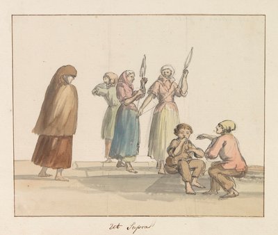 Tradycyjne stroje wyspy Gozo Costume de Ghozo (tytuł na obiekcie) Voyage en Italy i Sicile et à Malte - 1778 (tytuł serii) autorstwa Louis Ducros