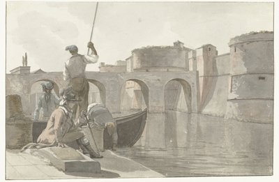 Nowy vestingsgracht van de vestingwerken w Taranto Widok na nową fosę Cytadeli Taranto (tytuł na obiekcie) Podróże po Włoszech, Sycylii i Malcie - 1778 (tytuł serii) autorstwa Louis Ducros