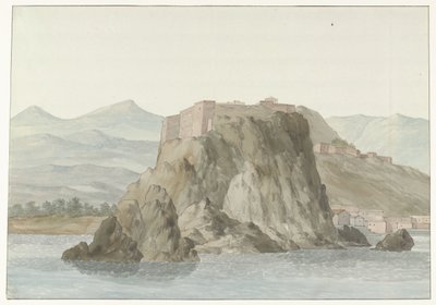 Skała i miasto Scilla w regionie Kalabrii widziane z morza od strony północnej Rocher i Ville de Scilla i Calabre; vue prize en mer, du côté du Nord (tytuł na przedmiocie) Voyage en Italy i Sicile et à Malte - 1778 (tytuł serii) autorstwa Louis Ducros