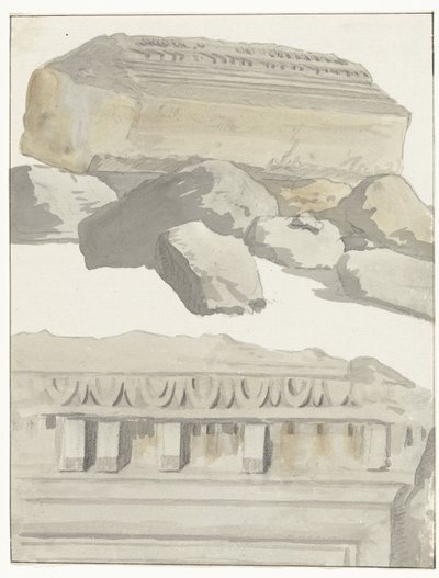 Twee stukken van een architraaf van de antieke temple in de oude stad Manduria Widok pomieszczenia architrawu starożytnej świątyni w starożytnym mieście Manduria Podróże po Włoszech, Sycylii i Malcie - 1778 (tytuł serii) autorstwa Louis Ducros