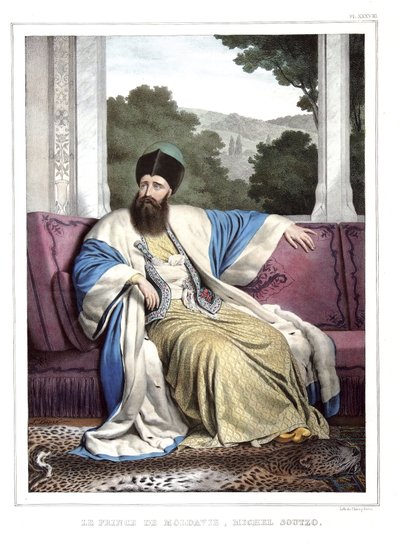 Książę Mołdawii Michael Soutzo (1729-1830). w „Podróż do Ateny i Konstantynopola”, czyli zbiór greckich i osmańskich portretów, widoków i kostiumów, malowanych na miejscach z natury, litografii i kolorystyki autorstwa Louisa Dupre (1789-1837), ucznia Dav autorstwa Louis Dupré