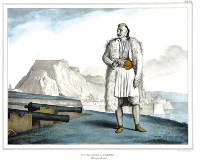 Suliote na Korfu, Nicolo Pervoli, w „Podróży do Aten i Konstantynopola”, czyli zbiór greckich i osmańskich portretów, widoków i kostiumów, malowanych na miejscach po naturze, litografie i kolorystykach autorstwa Louisa Dupre (1789-1837), ucznia Dawida .182 autorstwa Louis Dupré