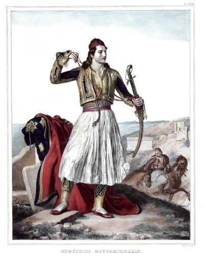 Demetrius Mavromichalis, grecki żołnierz i patriota. w „Podróż do Aten i Konstantynopola”, czyli zbiór portretów, widoków i kostiumów greckich i osmańskich, malowanych na miejscach natury, litografiach i kolorystykach autorstwa Louisa Dupre (1789-1837), uc autorstwa Louis Dupré