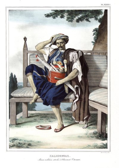 Kalioundji, żeglarz wojskowy dołącza do admirauta osmańskiego. w „Podróż do Aten i Konstantynopola”, czyli zbiór portretów, widoków i kostiumów greckich i osmańskich, malowanych na miejscach przyrody, litografii i kolorystyki autorstwa Louisa Dupre (1789-1 autorstwa Louis Dupré