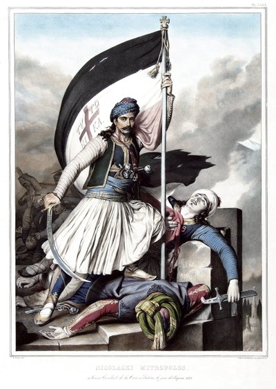 Nikolacki Nitropolos, noszący sztandar krzyża w twierdzy Salona zaczerpnięty z Imperium Osmańskiego, Wielkanoc 1821 r. w „Podróży do Ateny i Konstantynopola”, czyli zbiorze portretów, widoków i kostiumów greckich i osmańskich, malowanych na autorstwa Louis Dupré