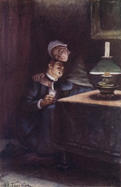 Z ciężką, wełnistą głową na jej kolanie, pamiętał szczęśliwe wieczory swojego dzieciństwa autorstwa Louis Edouard Paul Fournier