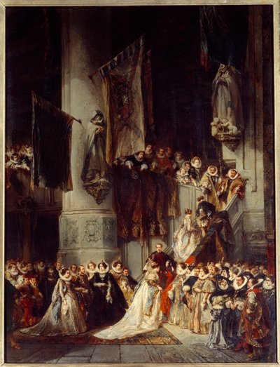 Ceremonia w kościele w Delft. Obraz przedstawiający ślub w Holandii w XVI wieku. Obraz Louisa Gabriela Eugene Isabeya (1803-1886) autorstwa Louis Eugene Gabriel Isabey