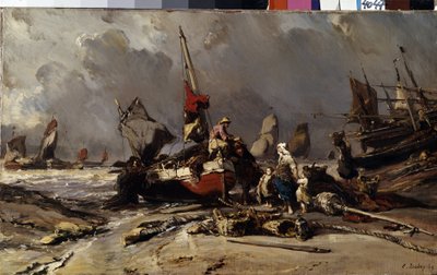 ""Po burzy"" (Po burzy) Rybak odnajduje swoją rodzinę po burzy. Obraz Louis Gabriel Eugene Isabey (1803-1886) 1869 Wymiary 36,5x60 cm Ermitaż, Sankt Petersburg autorstwa Louis Eugene Gabriel Isabey