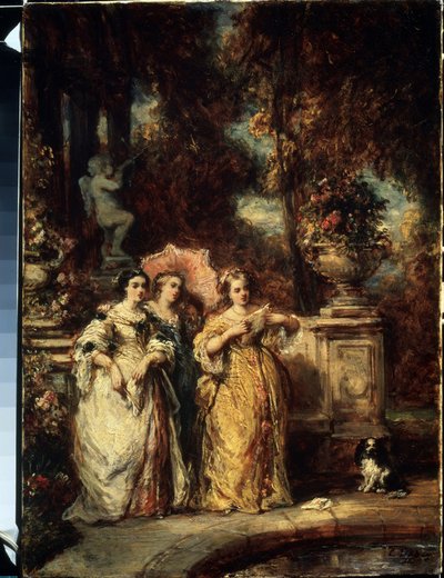 ""La promenade"" (Spacer) Trzy młode dziewczyny z dobrej rodziny w parku. Obraz Louis Gabriel Eugene Isabey (1803-1886) 1852 Muzeum Puszkina, Moskwa autorstwa Louis Eugene Gabriel Isabey