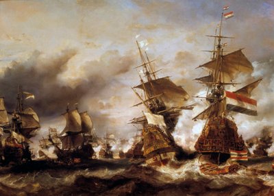 Wojna z Ligą Augsburską: „”Bitwa pod Texel 29.06.1694, zwycięstwo Jeana Barta (1650-1702) nad holenderską eskadrą admirała Fryzji”” Francuzi zagarniają holenderskie statki z pszenicą. Obraz Louisa Gabriela Eugene Isabeya (1803-1886) autorstwa Louis Eugene Gabriel Isabey