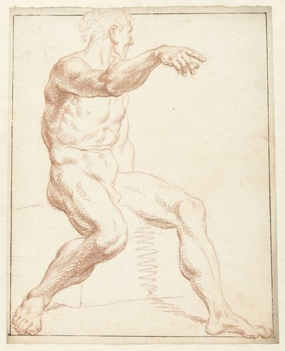 Studium siedzącego aktu męskiego, wskazującego prawym ramieniem autorstwa Louis Fabritius Dubourg