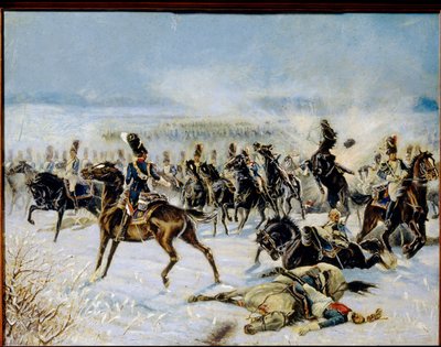 Bitwa pod Eylau, 20 lutego 1807 r. (Bitwa pod Preussisch Eylau 8 lutego 1807). Konfrontacja militarna między francuską Wielką Armią Napoleona I (1769-1821) a Imperium Rosyjskim. Praca Louis Ferdinand Malespina (1874-1940), olej na ca autorstwa Louis Ferdinand Malespina