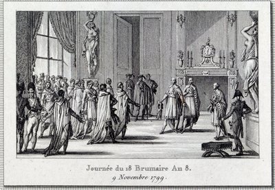 Konsulat: „” Napoleon Bonaparte (1769-1821) na spotkaniu Saint Cloud w dniu 18 brumaire (9/11/1799)” Zamach stanu 18 brumaire dokonany przez Napoleona Bonaparte w Radzie Pięciu centów (5 centów ) (pokój 500), chroniony przez grenadierów, kończy D autorstwa Louis Francois Couche