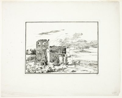 Zrujnowane budynki w pobliżu brzegu rzeki, płyta 9 z Quatrieme suite de paysages dessinés et grave a l