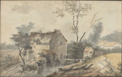 Młyn z mostem i figurami autorstwa Louis Gabriel Moreau the Elder