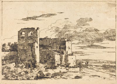 Zrujnowane budynki w pobliżu brzegu rzeki autorstwa Louis Gabriel Moreau the Elder