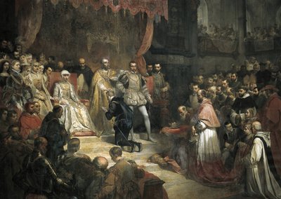 Abdykacja Karola V (1500-1558) na rzecz jego syna Filipa II (1527-1598) autorstwa Louis Galna
