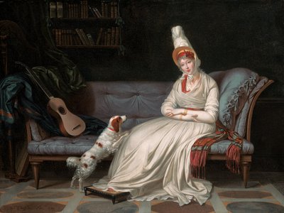 Portret Elżbiety, Lady Webster, później Lady Holland, w białej sukni ze swoim spanielem Pierrotem, ok. 1795 autorstwa Louis Gauffier