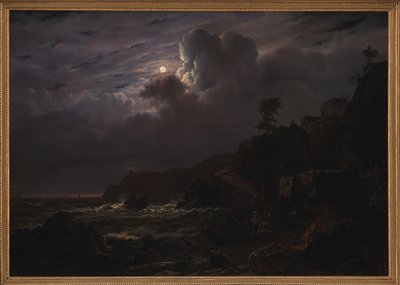 Widok Kullen w Szwecji. Przemytnicy ukrywający swoje towary wśród skał. światło księżyca autorstwa Louis Gurlitt