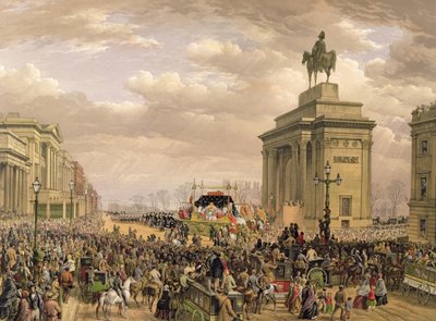 Pogrzeb księcia Wellingtona, wóz pogrzebowy przejeżdżający przez bramę Apsley House, 18 listopada 1852 r., rycina Thomasa Pickena (1838-1870), wyd. Ackermann and Day, 1853 r. autorstwa Louis Haghe