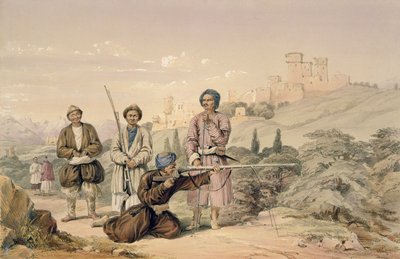 Huzzarehs strzelający z Juzzaeelami, z „Characters and Costumes of Afghuanistan” napisanej przez kapitana Lockyera Willisa Harta, opublikowanej w 1843 r. autorstwa Louis Hague