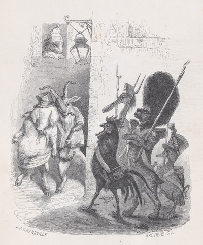 Niejednokrotnie, wychodząc z balu maskowego, pan de*** został zatrzymany przez patrol..., ok. godz. 1837-47. autorstwa Louis Henri Brévière