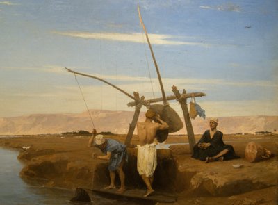 Shadouf w Górnym Egipcie (olej na drewnie z 1874 r.) autorstwa Louis Hippolyte Mouchot