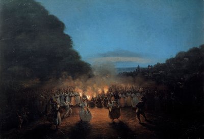 Bamboula tańczy kiedyś bambus (lub kije) na scenie tańca czarnych niewolników w Indiach Zachodnich w świetle pochodni. Obraz Honore Gamaina (1803-1871) XIX-wieczny La Rochelle, Muzeum Nowego Świata autorstwa Louis Honore Gamain
