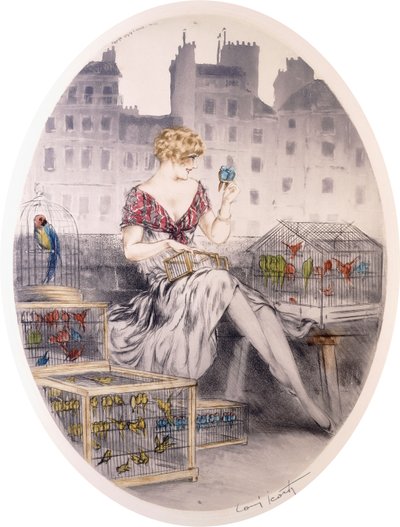 Dziewczyna z papużkami falistymi, ok. 1920-30 (akwaforta kolorowa) autorstwa Louis Icart