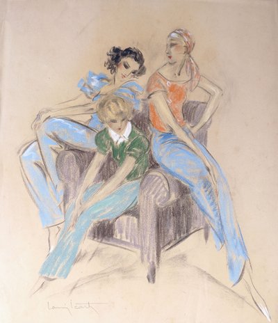 Trzy dziewczyny siedzące na fotelu autorstwa Louis Icart
