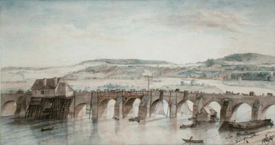 The Two Bridges (Saint-Cloud i Sevres) (pióro i atrament oraz akwarela na papierze) autorstwa Louis Jean Desprez