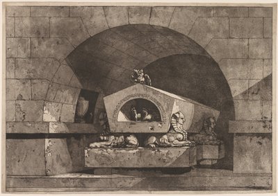 Grobowiec ze sfinksem: pomnik nagrobny z sową na sarkofagu podpartym przez sfinksa, ok. 1930 r. 1779-84. autorstwa Louis Jean Desprez