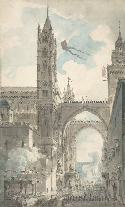 Widok portalu i głównego wejścia do katedry w Palermo podczas festiwalu..., b.d. autorstwa Louis Jean Desprez