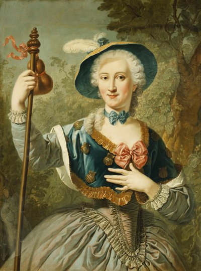 Portret damy, długości trzech czwartych, ubranej jak pielgrzym i noszącej słomkowy kapelusz z niebieską podszewką i pióro, 1747 autorstwa Louis Jean François Lagrenée