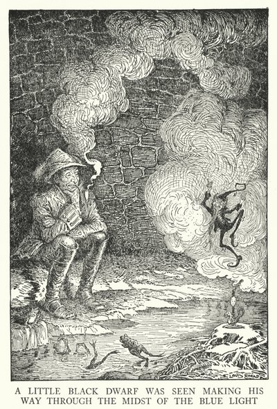 Widziano małego czarnego karła przedzierającego się przez środek niebieskiego światła (lito) autorstwa Louis John Rhead