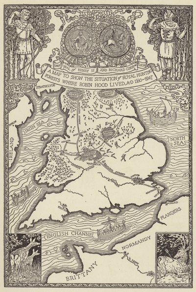 Mapa pokazująca sytuację w Królewskich Lasach Myśliwskich, w których żył Robin Hood, AD 1160-1247 autorstwa Louis John Rhead