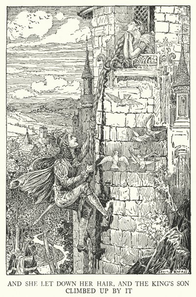 I rozpuściła włosy, a syn króla wspiął się po nich (lito) autorstwa Louis John Rhead