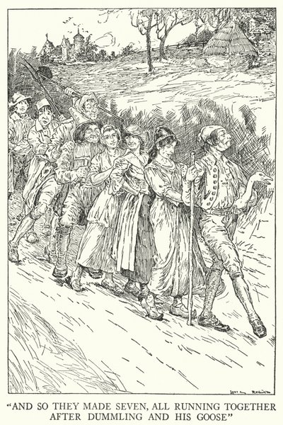 „I tak zrobili siedem, wszyscy biegną razem za Dummlingiem i jego gęś” (lito) autorstwa Louis John Rhead