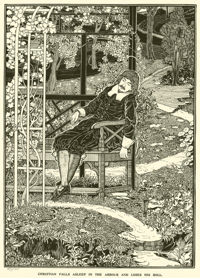 Christian zasypia w altanie i gubi rolkę (grawerunek) autorstwa Louis John Rhead
